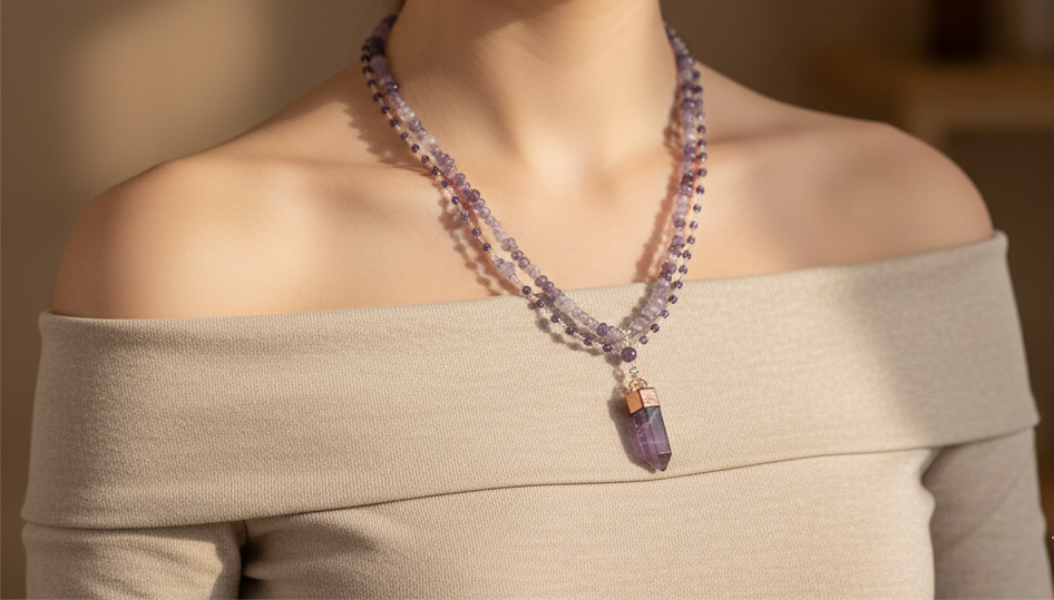 Amethyst Layered Necklace with Crystal Point Pendant