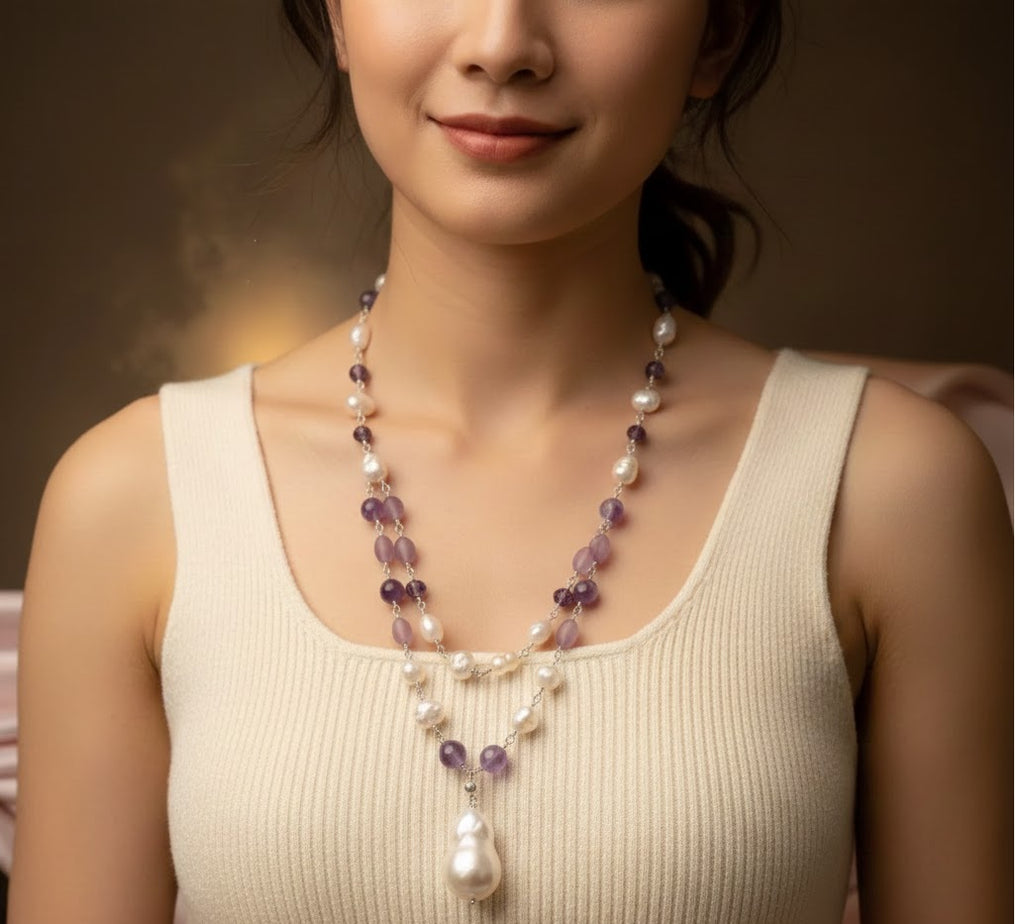 Matte Amethyst and Freshwater Pearls Necklace