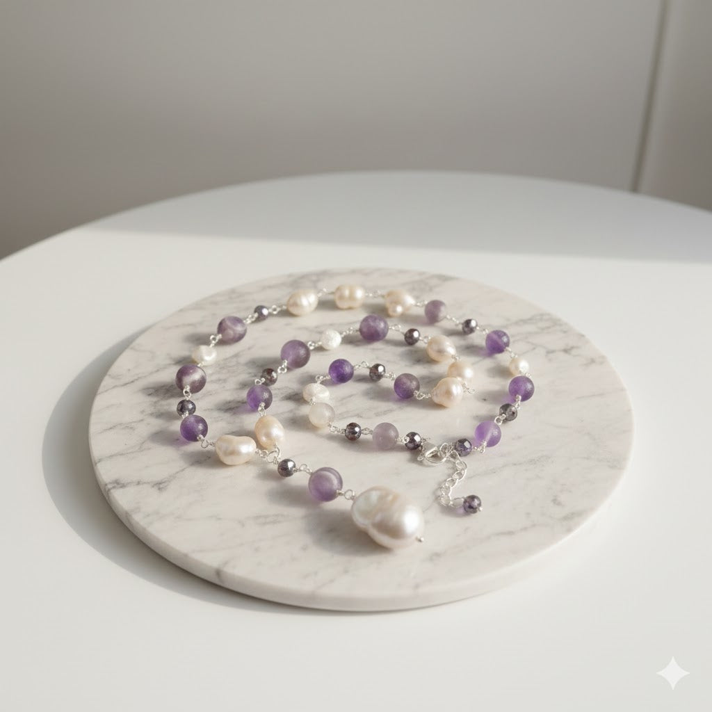 Matte Amethyst and Freshwater Pearls Necklace