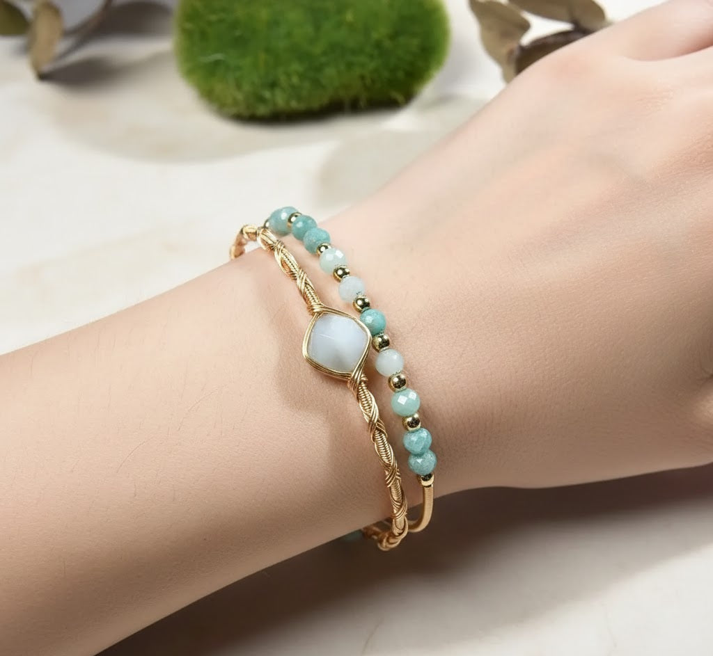Wire Wrapped Looped Peruvian Amazonite Bracelet