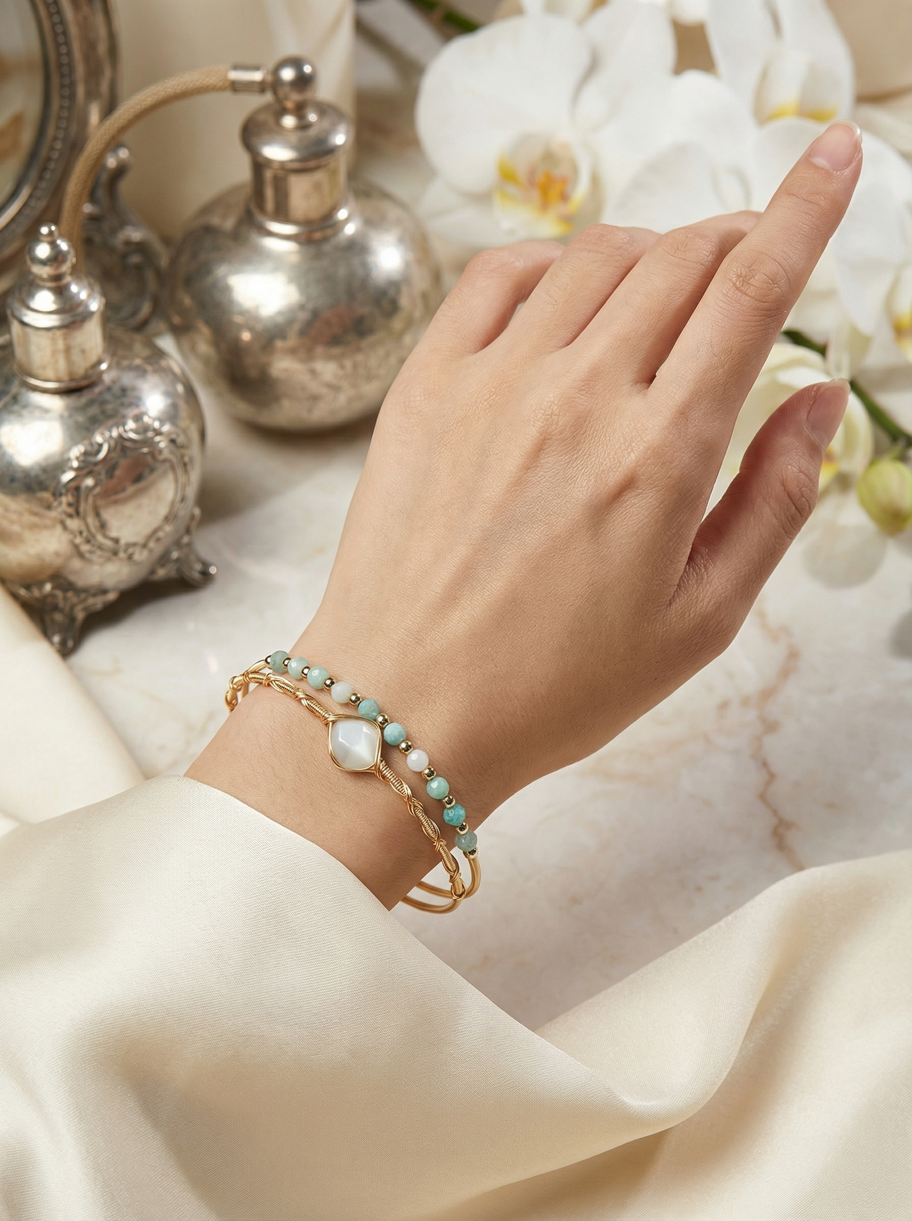 Wire Wrapped Looped Peruvian Amazonite Bracelet