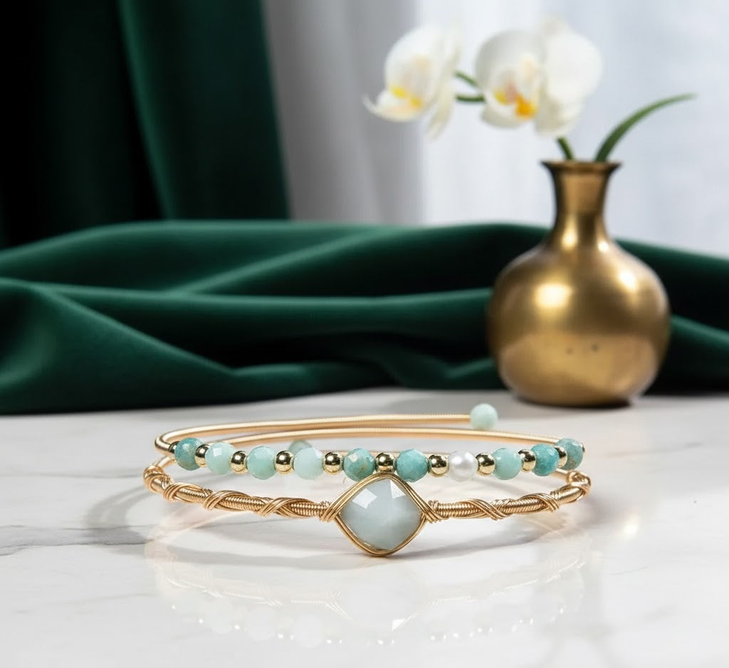 Wire Wrapped Looped Peruvian Amazonite Bracelet