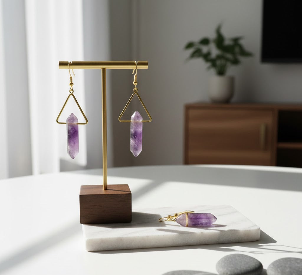 Triangular Quartz Natural Healing Stone Earrings